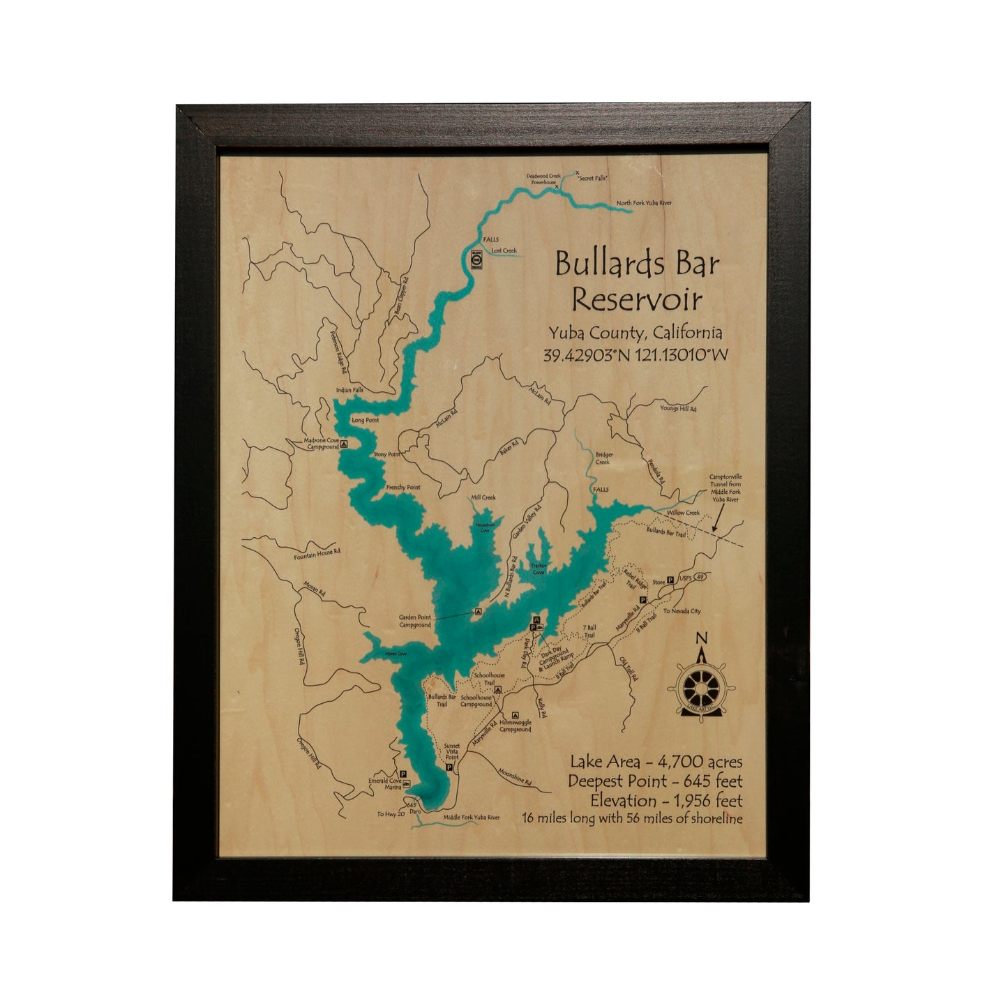 Bullards Bar Lake Map Framed Picture
