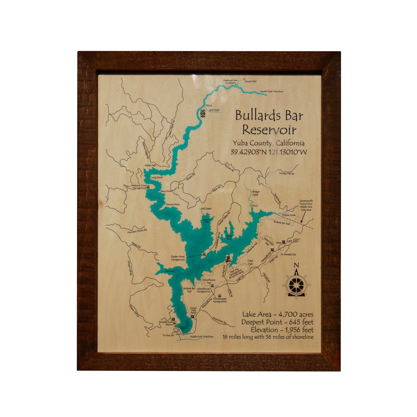 Bullards Bar Lake Map Framed Picture